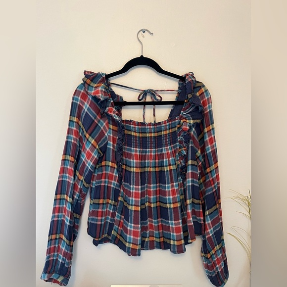 Free People We the Free Sienna Plaid Navy Ruffle Top Size Small - Picture 2 of 10
